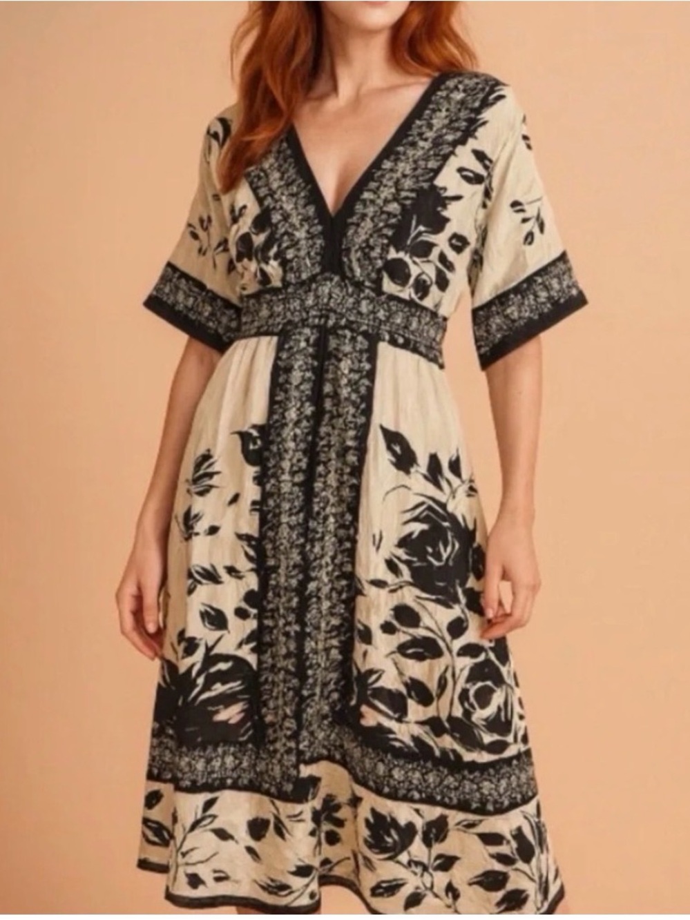 LYNN RITCHIE Cream/Black/Grey Silk Dress Sz M